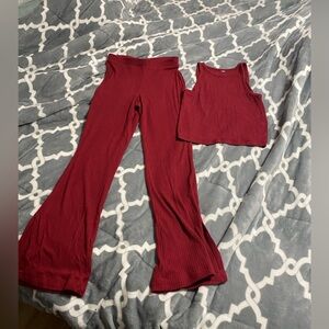 two piece set red rib knit pants top SZ XS